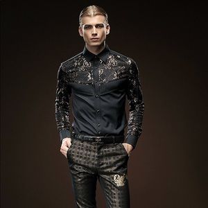 Men’s Embroidered Gold Lace Shirt